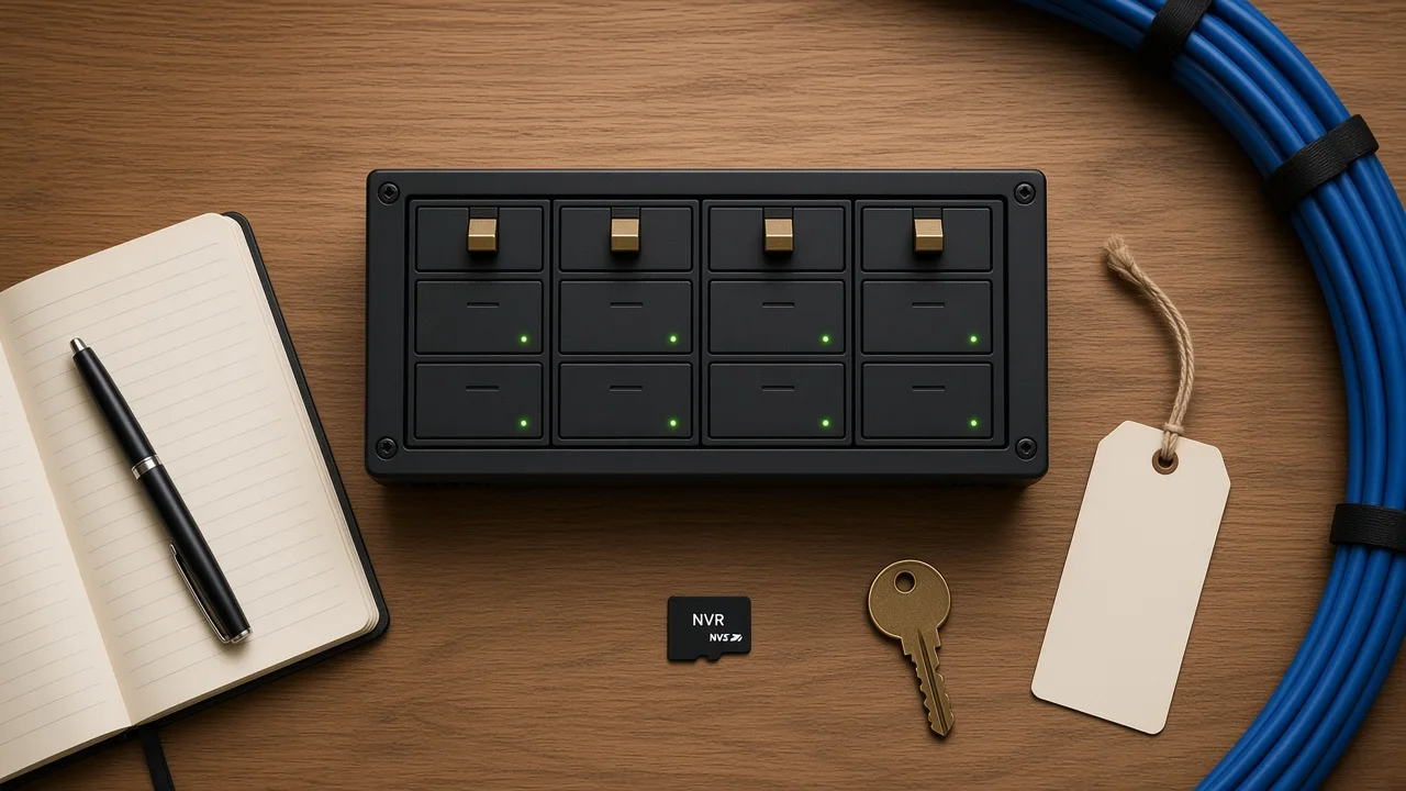 microSD neben einem Rekorder, Schlüssel und Etikett ARCHIVE NVR