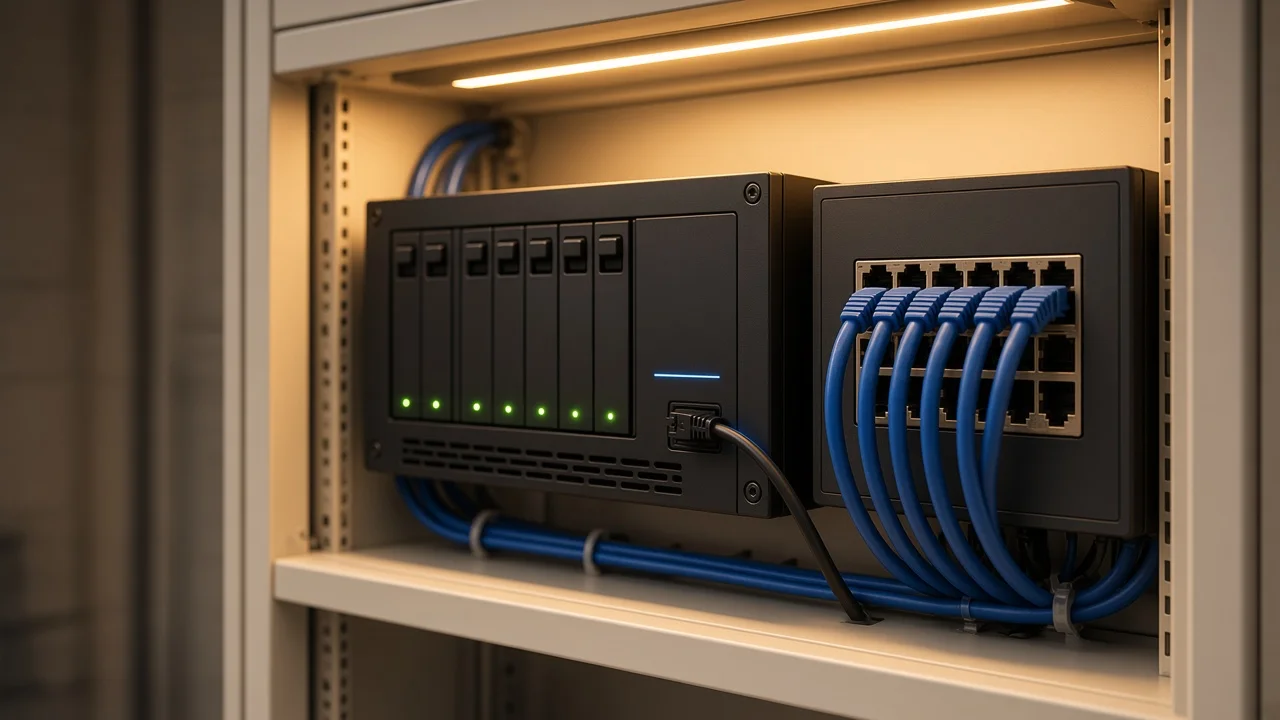 Switch mit CAM LAN, Patchkabel, Technikschrank