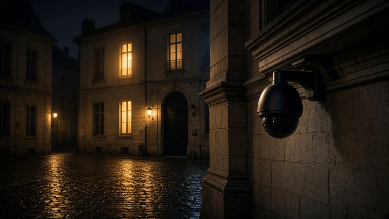 Gepflasterte Gasse, erleuchtetes Fenster im Schatten