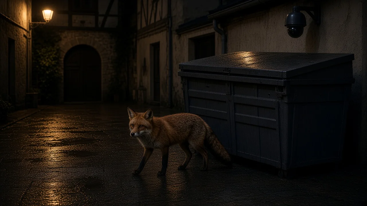 Nachtfuchs neben einer Tonne, Überwachungsbild